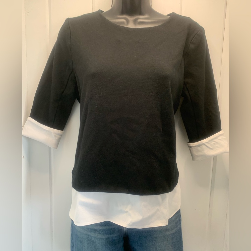 Ann Taylor Top Size MP Petite Ruffle Hem Mixed Media Black White 3/4 Sleeve